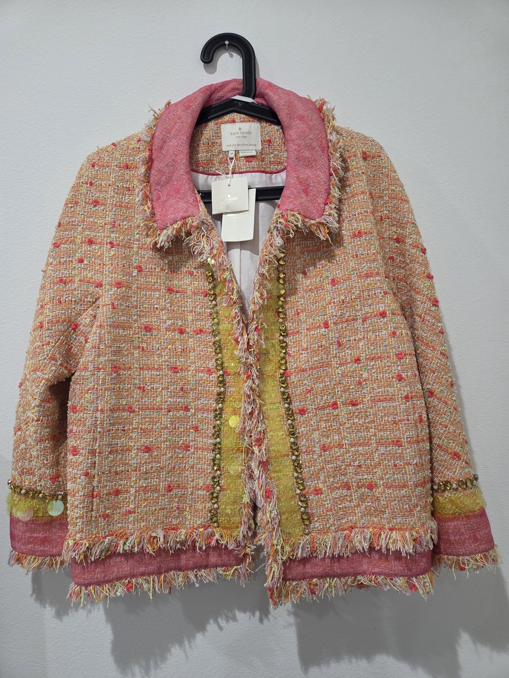 Kate Spade Pink Tweed Fringe Jacket